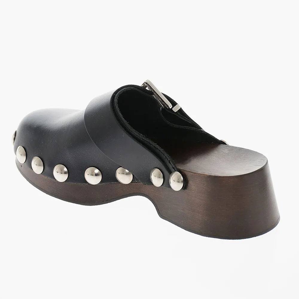 Black Faux Leather Round Toe Platform Studded Mule Heels with Buckle