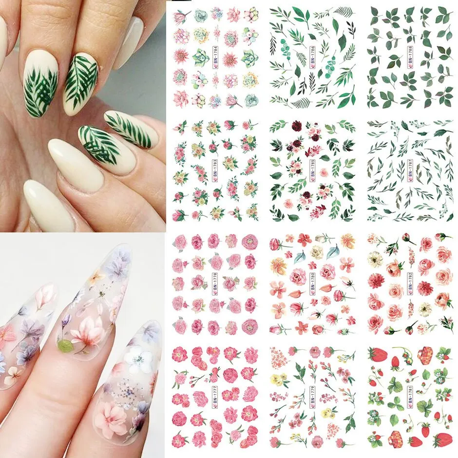 Nail Stickers 12Pcs/Set Water Transfer Flowers Leafs Designs Nail Decal Decoration Tips For Beauty Salons-Nail Inspo