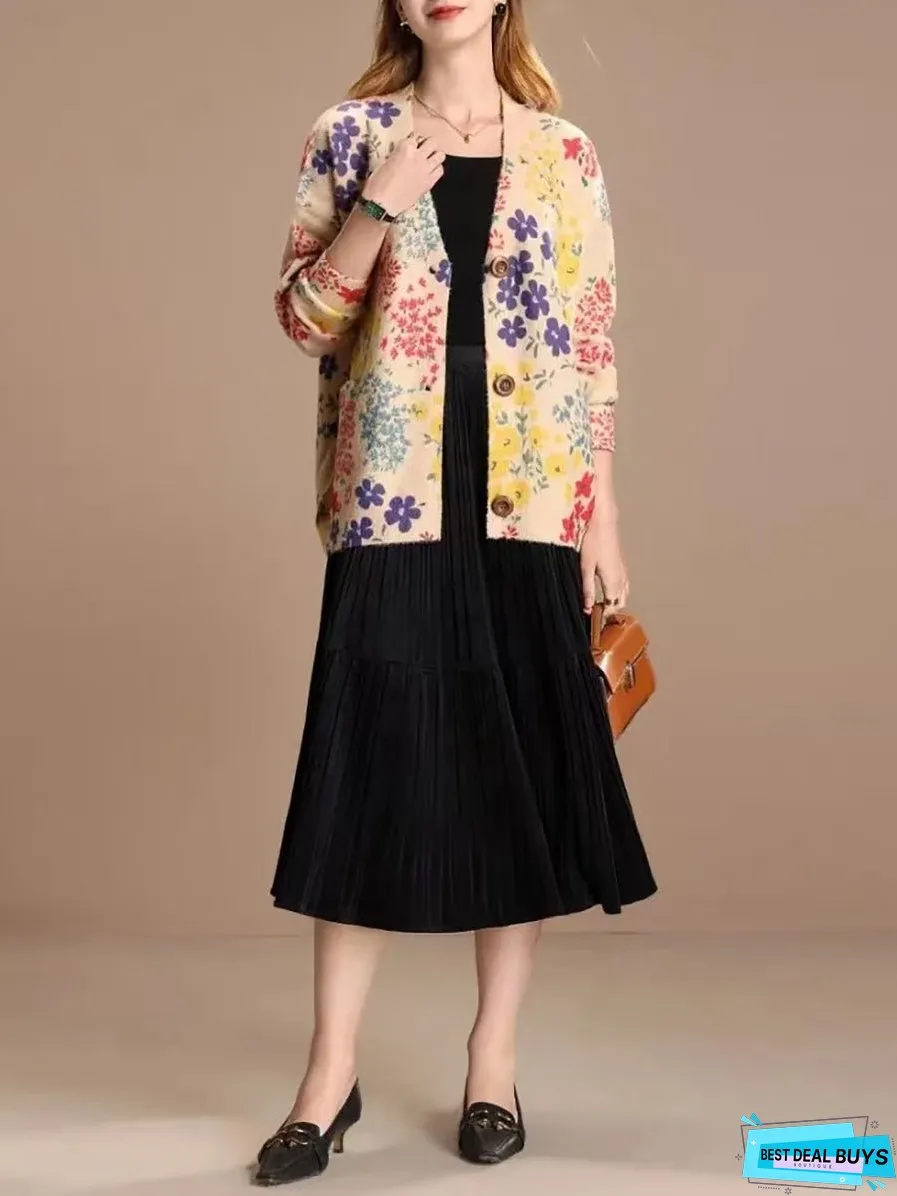 Women Casual Flower V-Neck Winter Cardigan Sweater