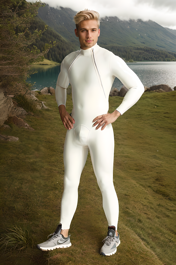 Men's Double-Diagonal Zip Catsuit - White & Openable Men Latex Catsuits Male Double  Diagonal Zip Catsuit Openable Alluring Catsuit- White & Openable
