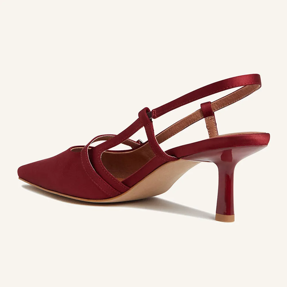 Elegant Red Satin Square Toe Slingback Heels with Buckle Strap