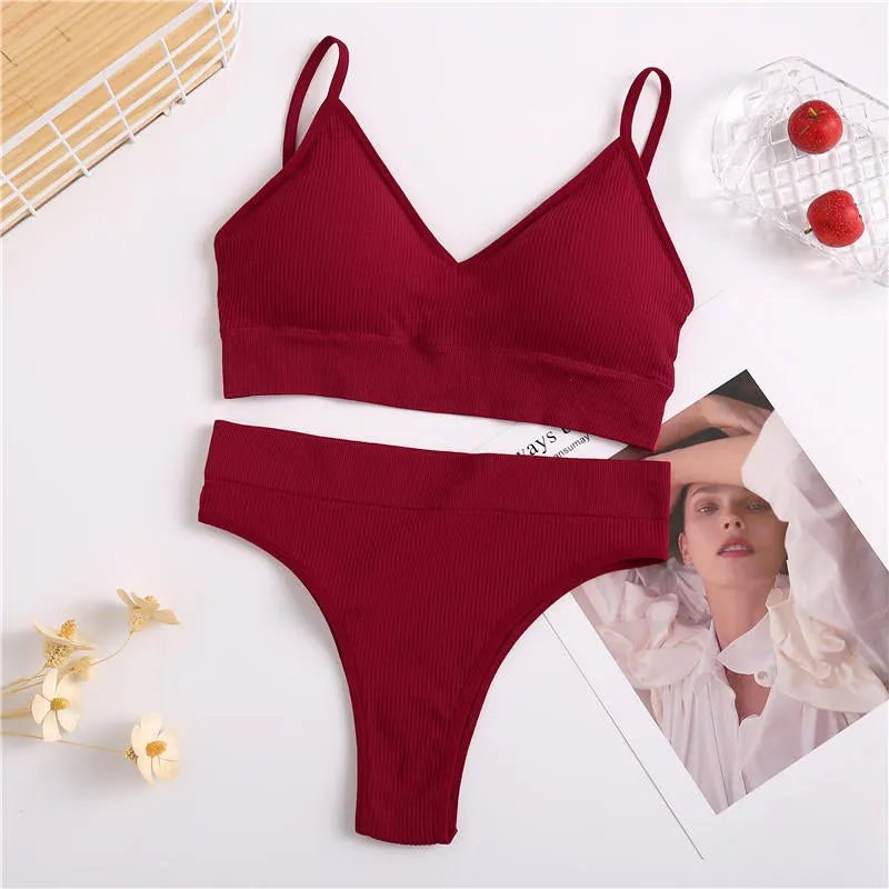 Thong + Bra Women Sexy Underwear Brassiere Female Tops Panties Bralette Intimates Lingerie Stretchy Ribbed Tank Crop Tops Set