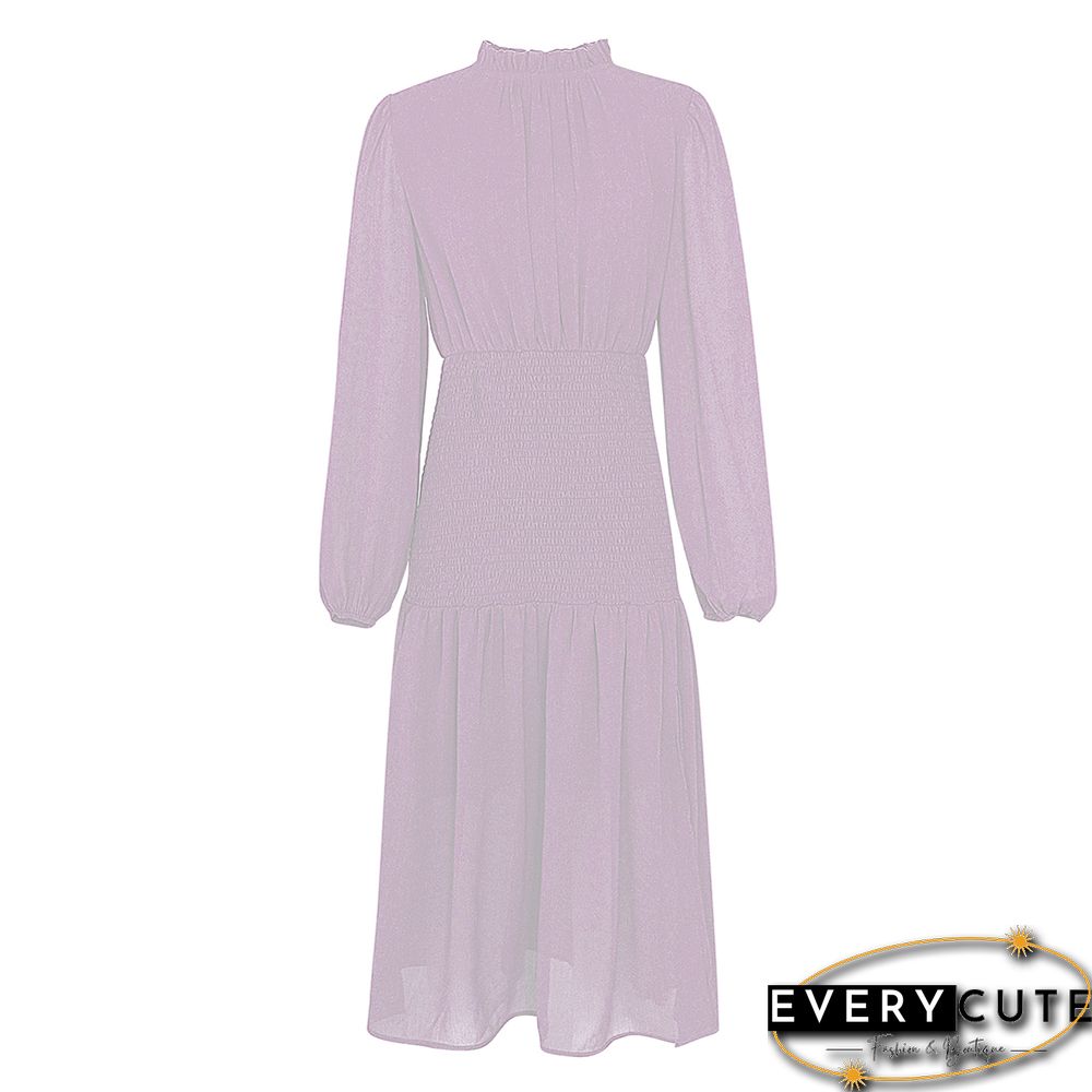 Pink Ruffle Detail Pleated Chiffon Midi Dress