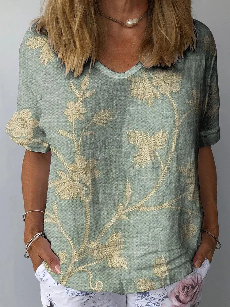 Women's Retro Floral Art Print Casual Cotton And Linen Shirt