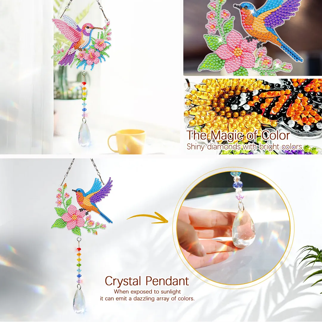 2Pcs Flowers and Hummingbirds DIY Double-Sided Diamond Painting Hanging Kits Diamond Painting Suncatcher Craft Kit for Home Garden Wall Decor Gift