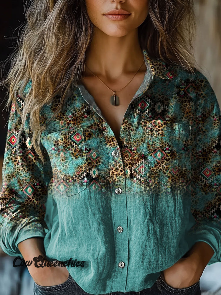 Women&rsquo;s Vintage Cyan Leopard Aztec Art Print Casual Long Sleeve Comfortable Cotton Shirt