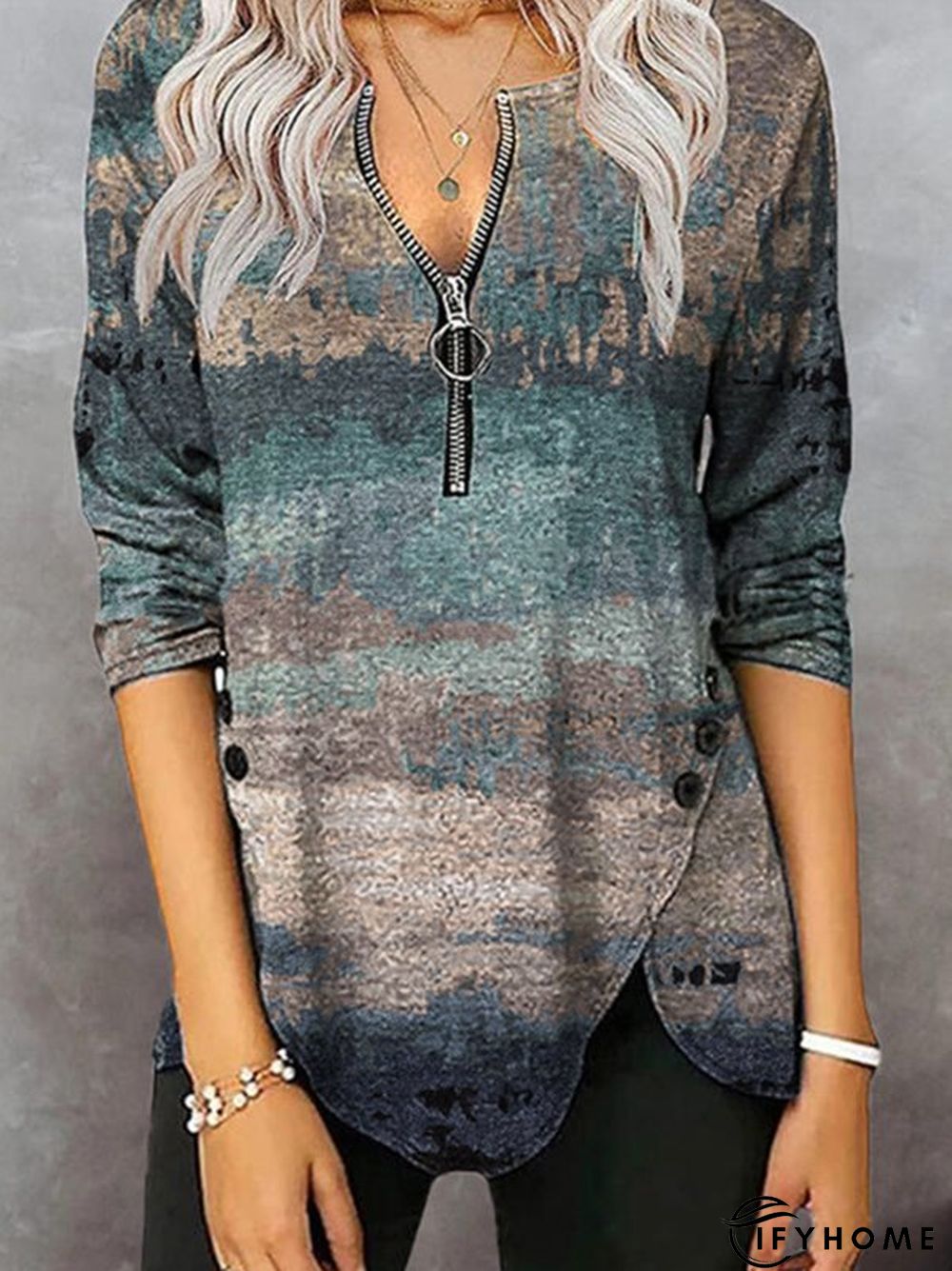 Printed Zipper Long Sleeve V Neck Casual Tunic T-Shirt | IFYHOME