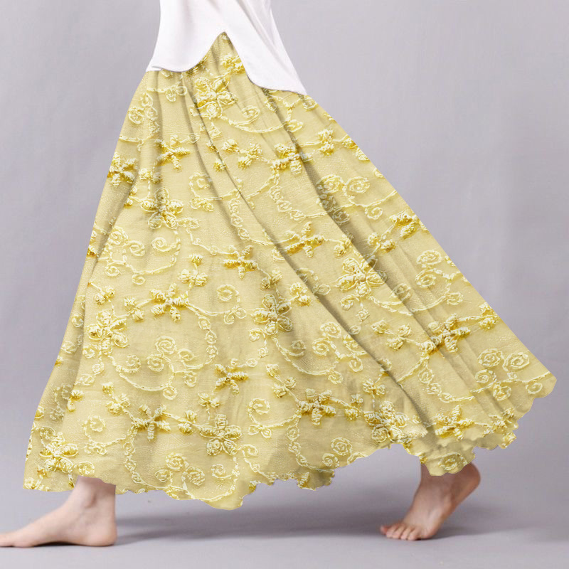 Floral Embroidered Art Print Casual Linen Blend Flowy Skirt artswardrobe