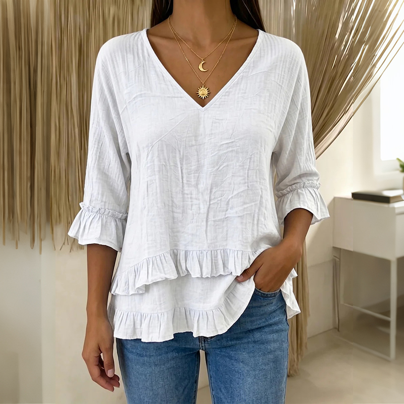 Comstylish Women's Solid Color V-neck Ruffled Loose Linen Blend T-shirt