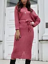 Off-The-Shoulder Long Sleeve Loose Solid Color Belted Knitting Midi Dress
