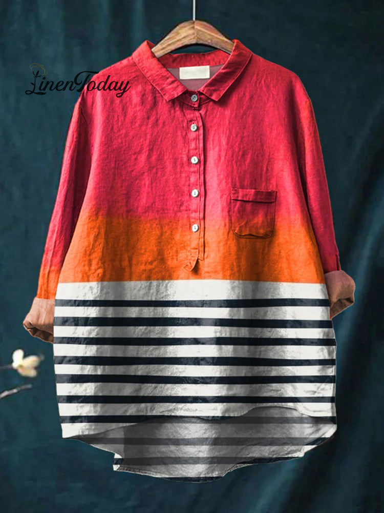 Women&rsquo;s Pink Color-Block Stripes Art Print Casual Cotton And Linen Shirt Multicolor / S