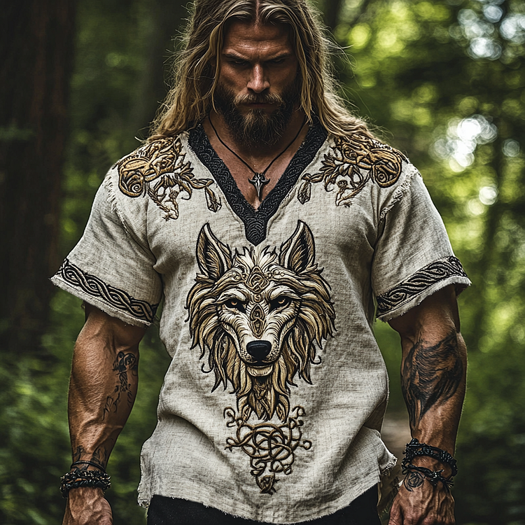 Men's Viking Wolf Print V-neck Short Sleeved Linen Blend T-shirt