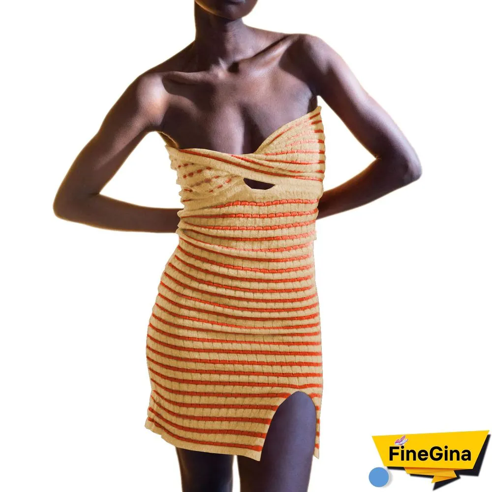 Sexy Criss-Cross Knitted Strapless Dress Women Summer Dresses NEW Casual Hollow Out V-Neck Chic Striped Hem Slit Mini Dress