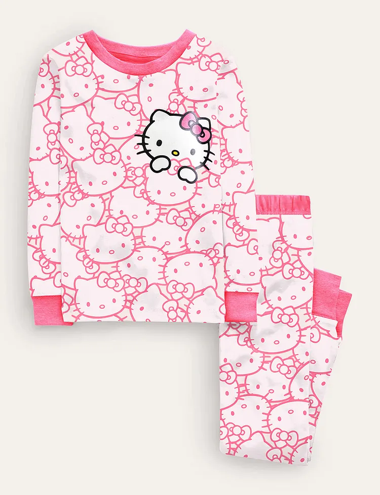 Kid's Pink Cute Cat Cartoon Pajama Set