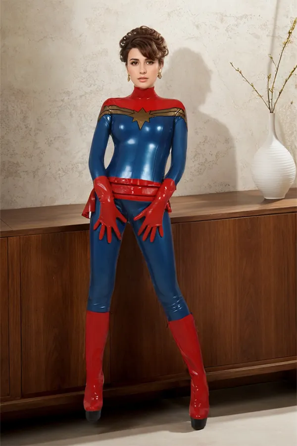 Women Latex Catsuits "Starstruck" Captain Marvel Long  Sleeved Latex Catsuit cosplay