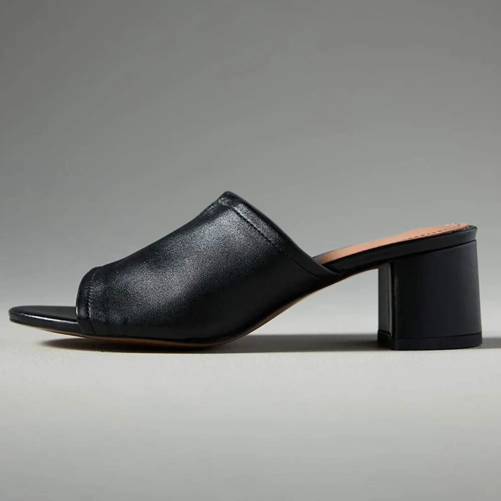 Black Vegan Leather Chunky Heel Open Round Toe Mules for Women