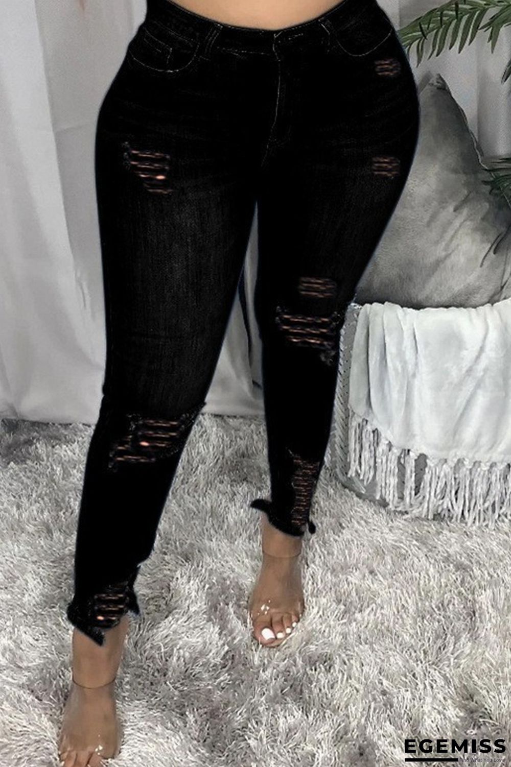 Black Fashion Casual Solid Ripped Plus Size Jeans | EGEMISS