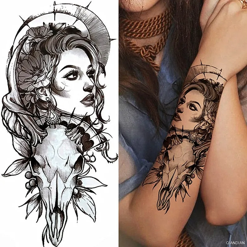 Black Sexy Flower Temporary Tattoos Sticker Arm Sleeve Rose Tree Skull Lion Bear Snake Henna Body Decorate Fake 3D Women Totem