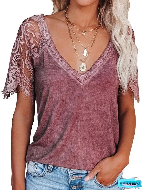 Short Sleeve V-Neck Feather Lace Lace Sleeve Top