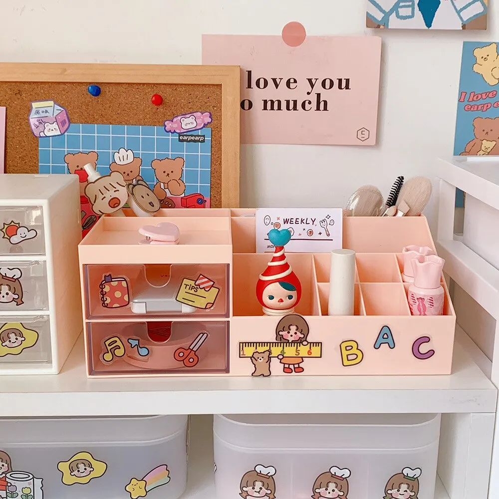 Desktop Storage Box W&G Kawaii Desktop Storage Box Three-color Pen Holder Drawer Type Cute Desktop Storage Pen Holder 515