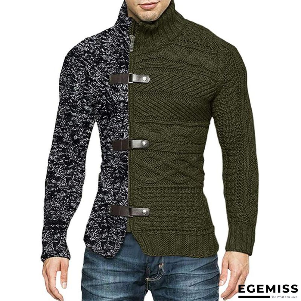 High Neck Sweater Men's Color Matching Leather Buckle Long Sleeve Knitted Cardigan | EGEMISS