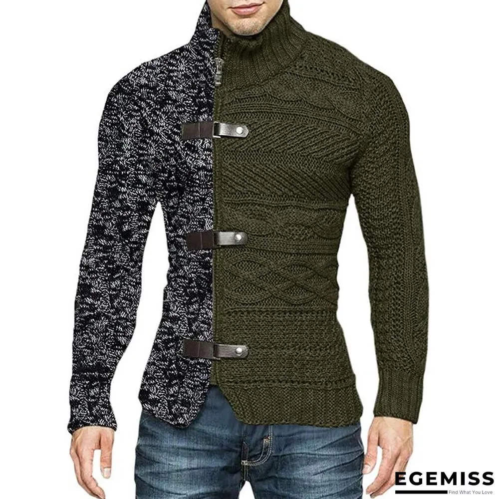 High Neck Sweater Men's Color Matching Leather Buckle Long Sleeve Knitted Cardigan | EGEMISS