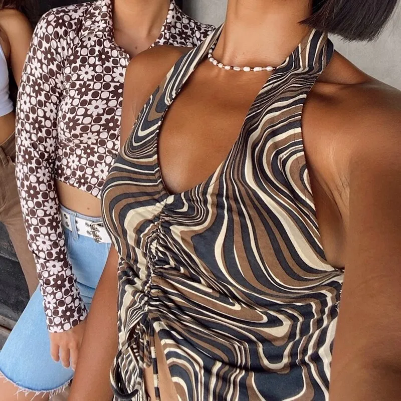 HEYounGIRL Summer Print Sleeveless Backless Tank Top Women V Neck Sexy Halter Crop Tops Tees Vintage Fashion Camisole Streetwear
