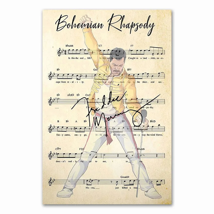 Bohemian Rhapsody Chord Lyrics Freddie Mercury Portrait Canvas Painting s and Prints Wall Art for Room Home Decor