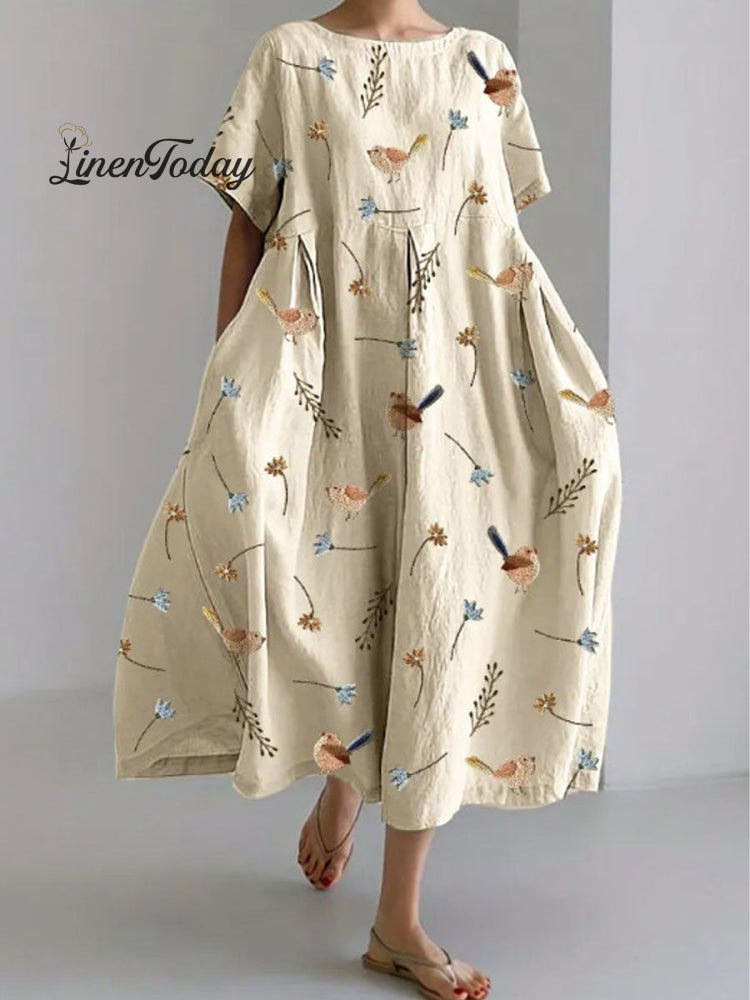 Women&rsquo;s Vintage Lovely Birds Floral Art Print Large Size Loose Casual Dress Multicolor / S