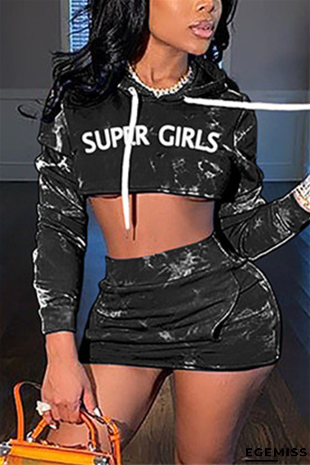 Black Fashion Sexy Letter Print Letter Hooded Collar Long Sleeve Two Pieces | EGEMISS