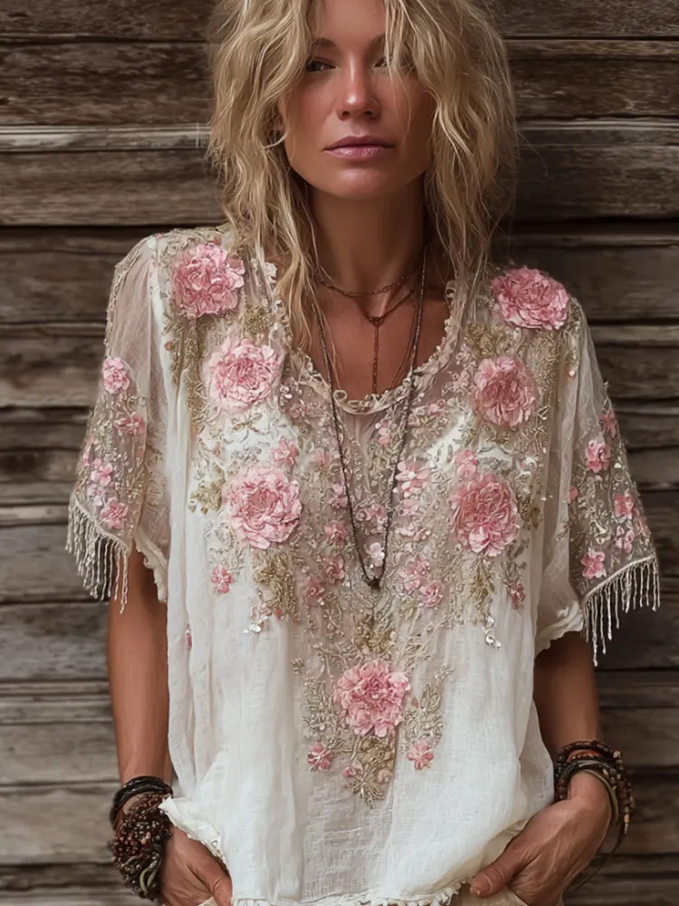 Women's Pink Rose Sequin Round-neck Short-sleeved Shirt