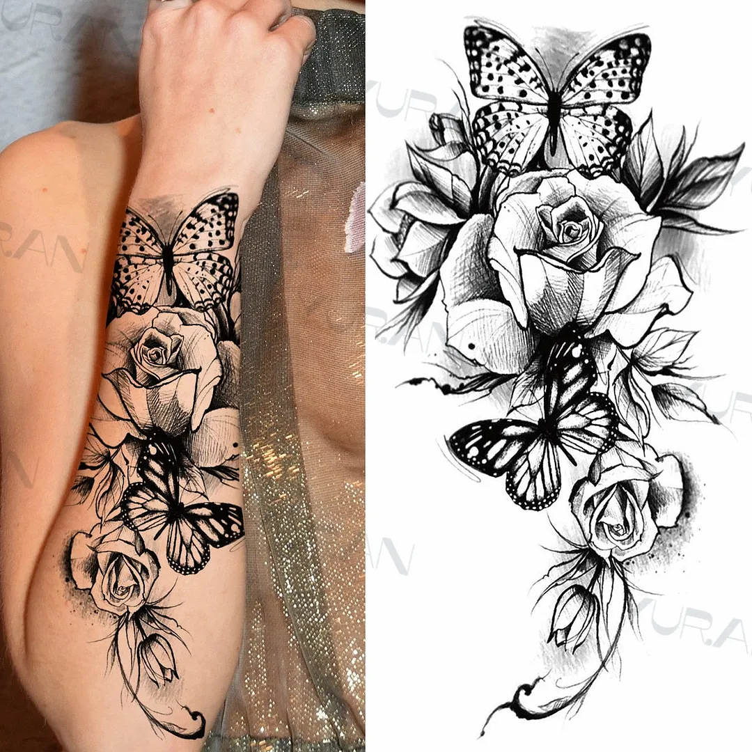 Black Large Snake Flower Fake Tattoo Sticker For Women Dot Rose Peony Temporary Tattoos DIY Water Transfer Tatoos Girls 530