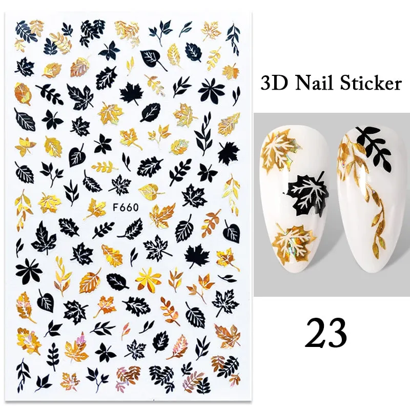 1PC iridescent Gold Black White 3D Nail Sticker Leaves Geometric Tropical Beach Decals DIY Slider Decoration Manicures-Nail Inspo