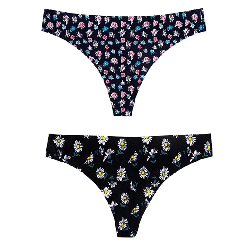 CINOON 2pcs Sexy Flowers Lingerie Woman Knickers Low-waist Panties Thong Seamless Breathable Underwear Female G String Intimates