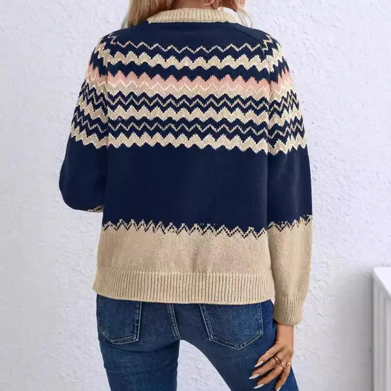 Athvotar Athvotar Women's Sweater Fashion Round-Neck Knitted Top Classic Striped Knitted Shirt