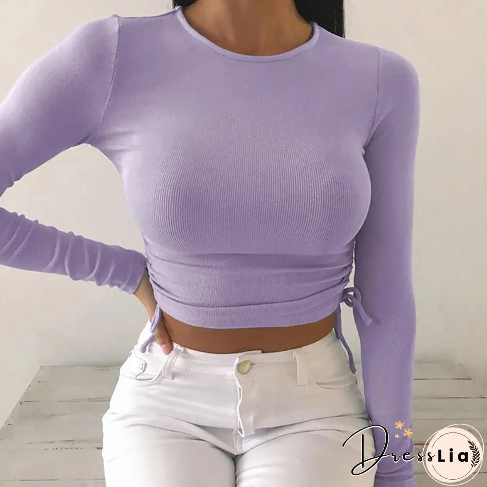Casual Solid O-Neck Long Sleeve Crop Top Women Side Drawstring Ruched White T-Shirt Female Tee Shirt Top For Women Clothing