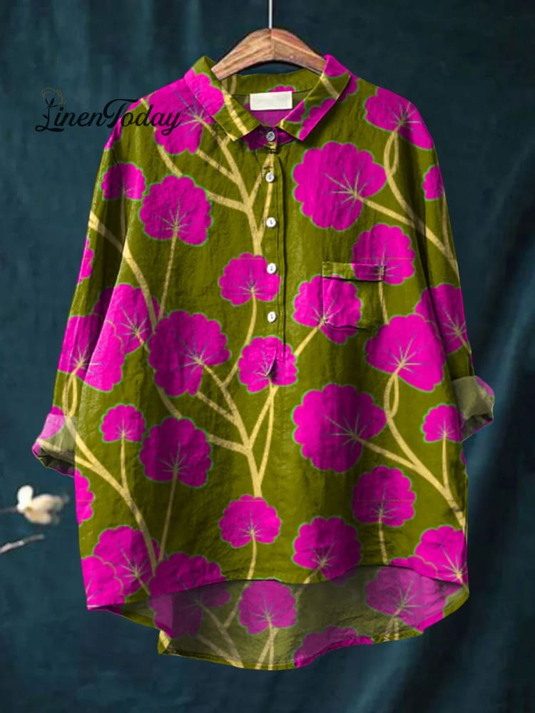 Women&rsquo;s Vintage Flower Art Print Casual Cotton And Linen Shirt Multicolor / S