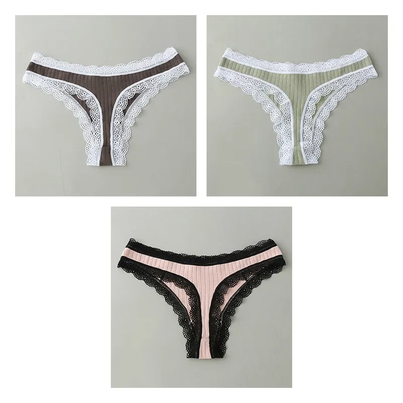 3PCS/Set G-string Panties Cotton Women's Underwear Sexy Panties Female Underpants Thongs Solid Color Sexy Lace Lingerie BANNIROU