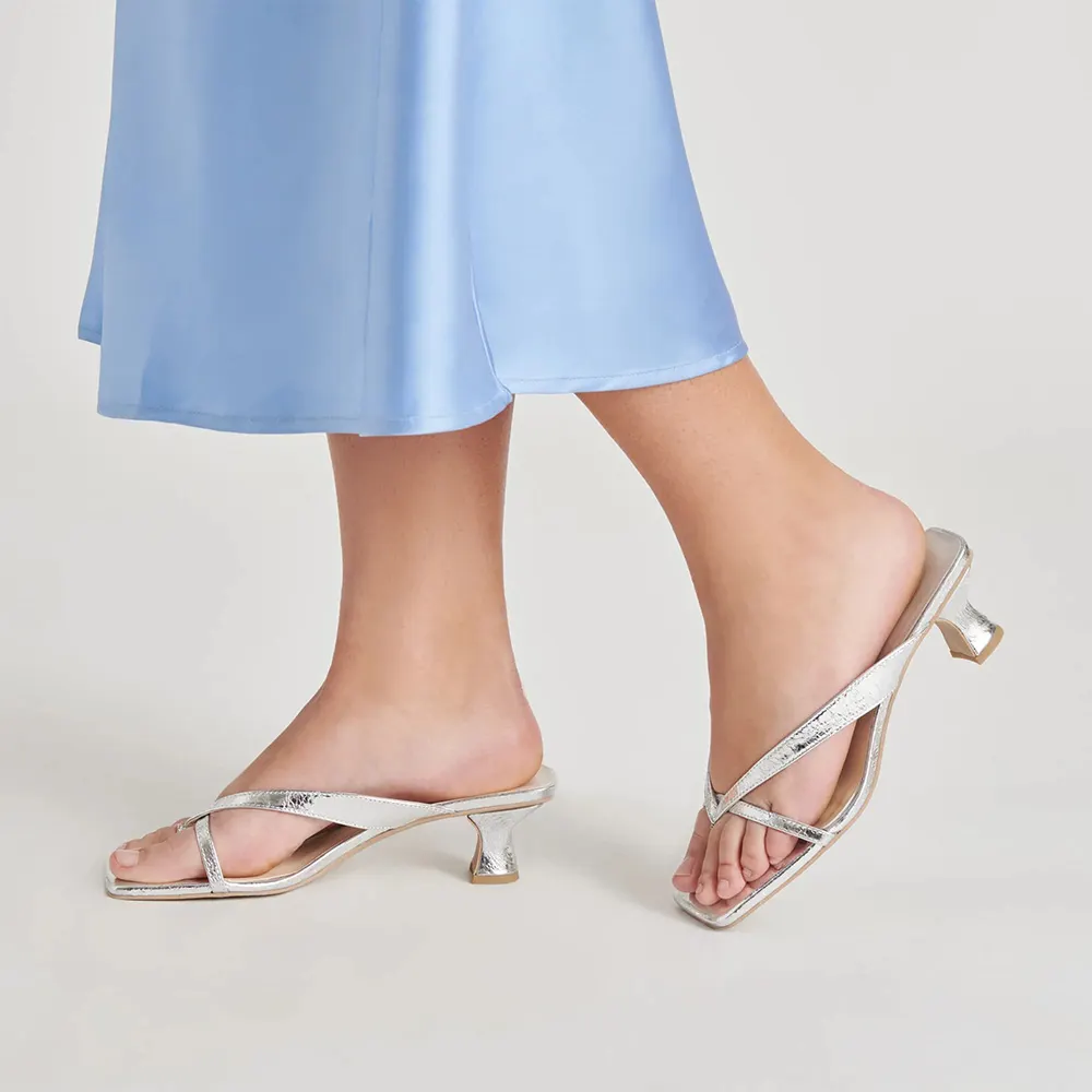 Silver Metallic Finish Open Square Toe Slide Sandals with Spool Heels