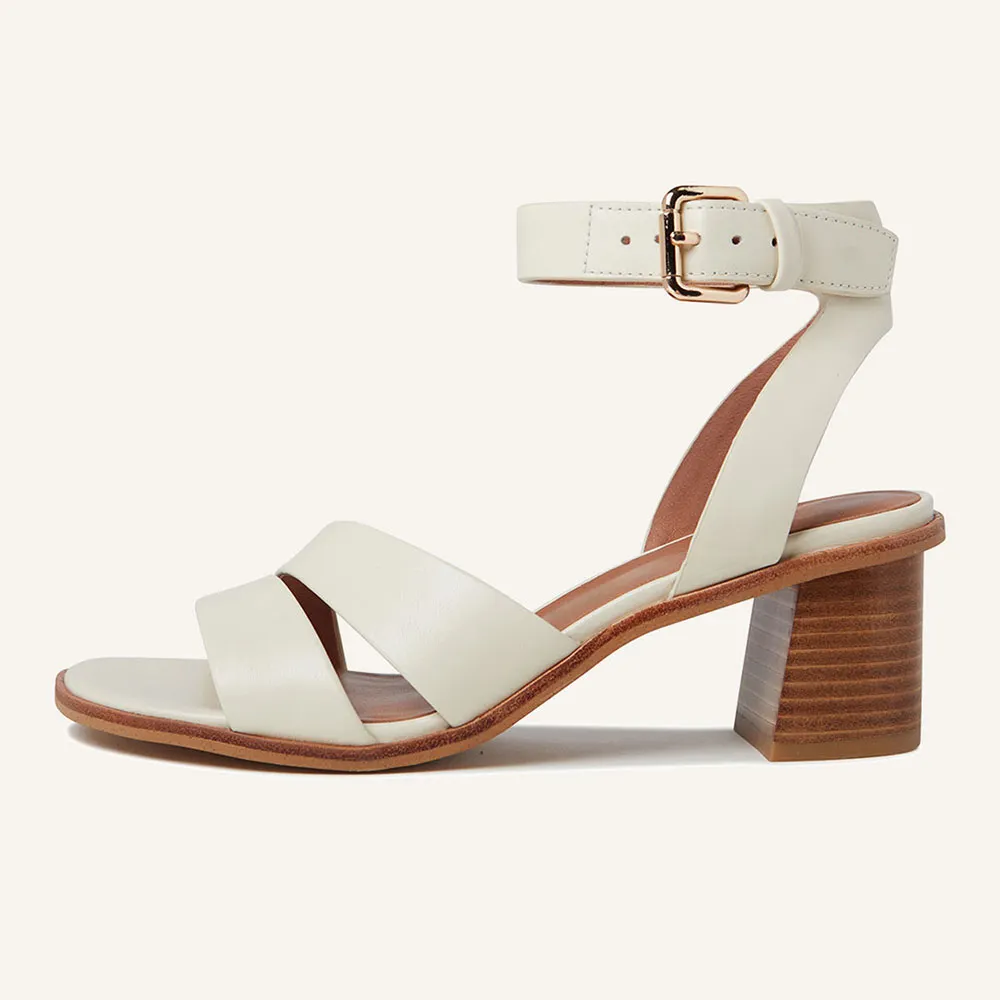 Vegan Leather Open Toe Ankle Strap Women's Heel Sandals in Ivory