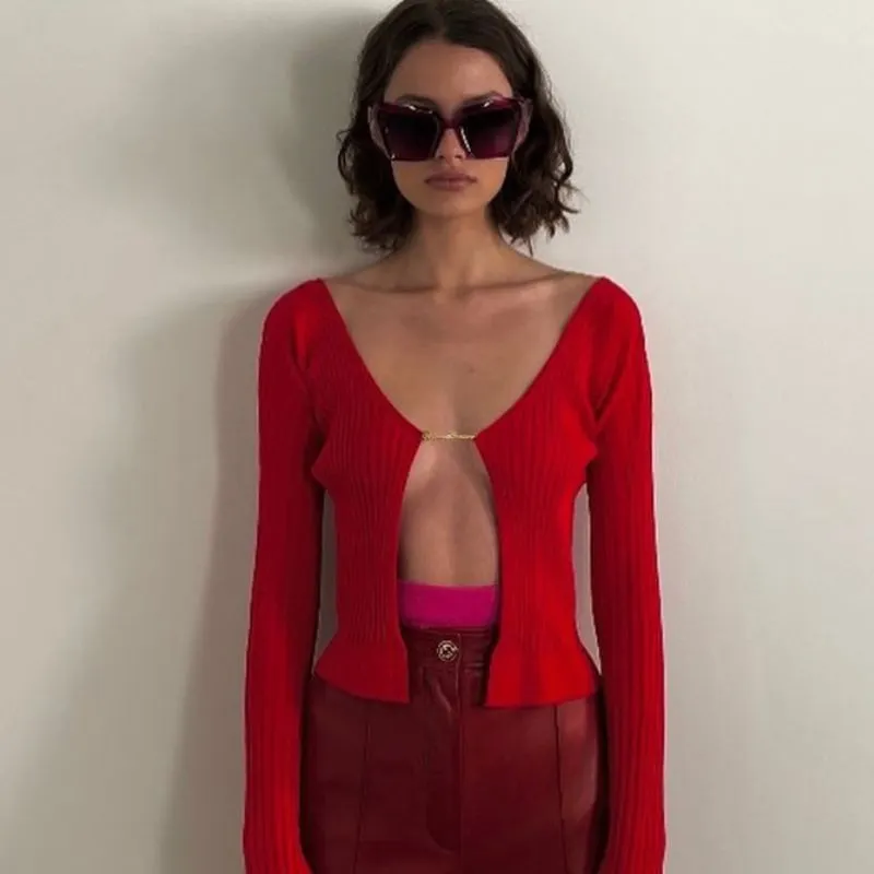 2021 Fashion Knit Tops Blouses Women Long Sleeve Metal Chain Open Front Slim Crop Tops Autumn Sexy Elegant Blouse Shirts Female