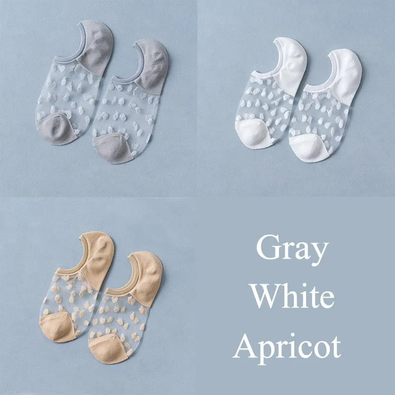 3 Pairs/Set Crystal Lace Socks Summer Women Transparent Lace Silk Flower Girls Elastic Invisible Short Boat Socks Female Sox