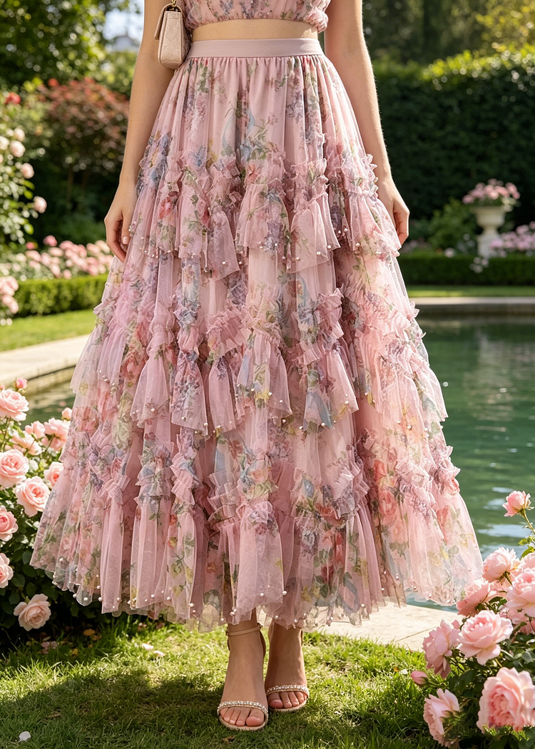 Bohemian Pink Asymmetrical Print Nail Bead Tulle A Line Skirt Spring