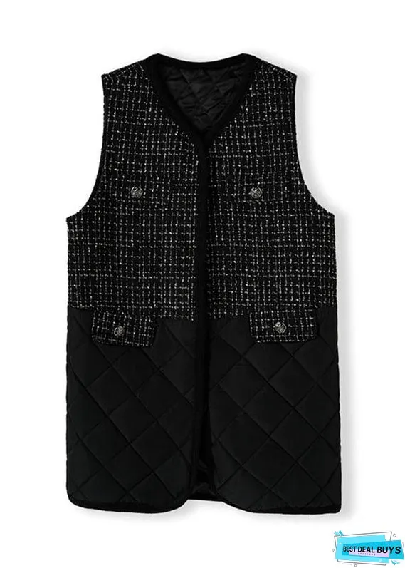 Stylish Black V Neck Patchwork Fleece Waistcoat Sleeveless