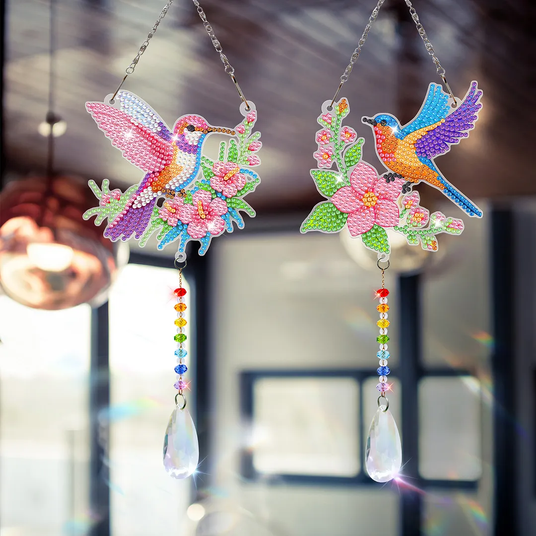 2Pcs Flowers and Hummingbirds DIY Double-Sided Diamond Painting Hanging Kits Diamond Painting Suncatcher Craft Kit for Home Garden Wall Decor Gift