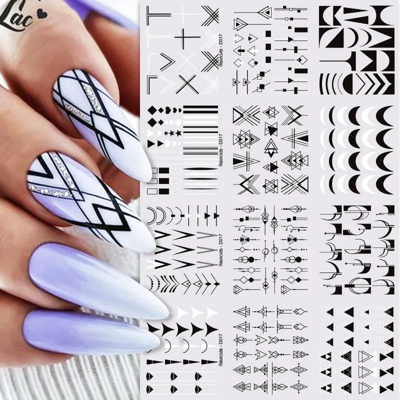 12pcs Geometric Lines Nail Sliders Water Sticker Set Flowers Leaves Design Watercolor Ink DIY Manicures Nail Art Decals Foil