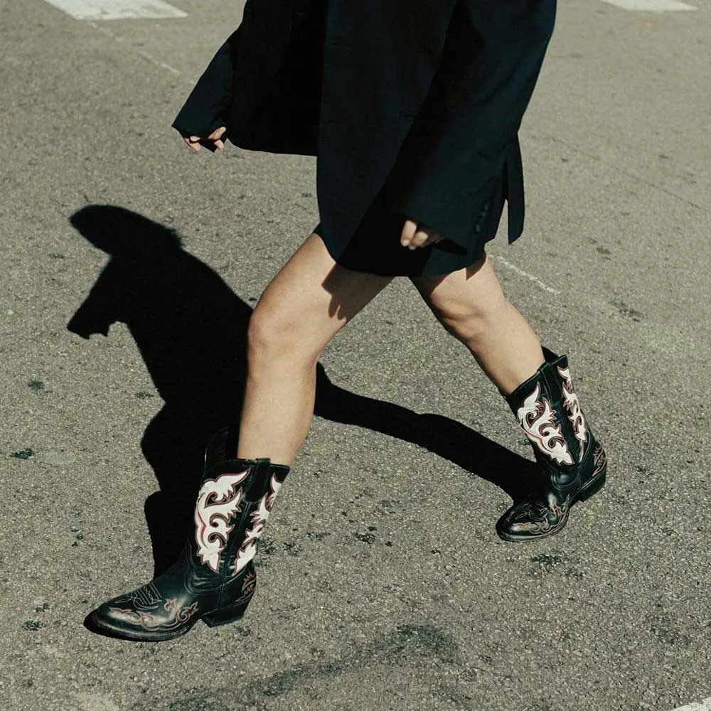  Patchwork Pattern Chunky Heel Round Toe Black Cowboy Boots for Women