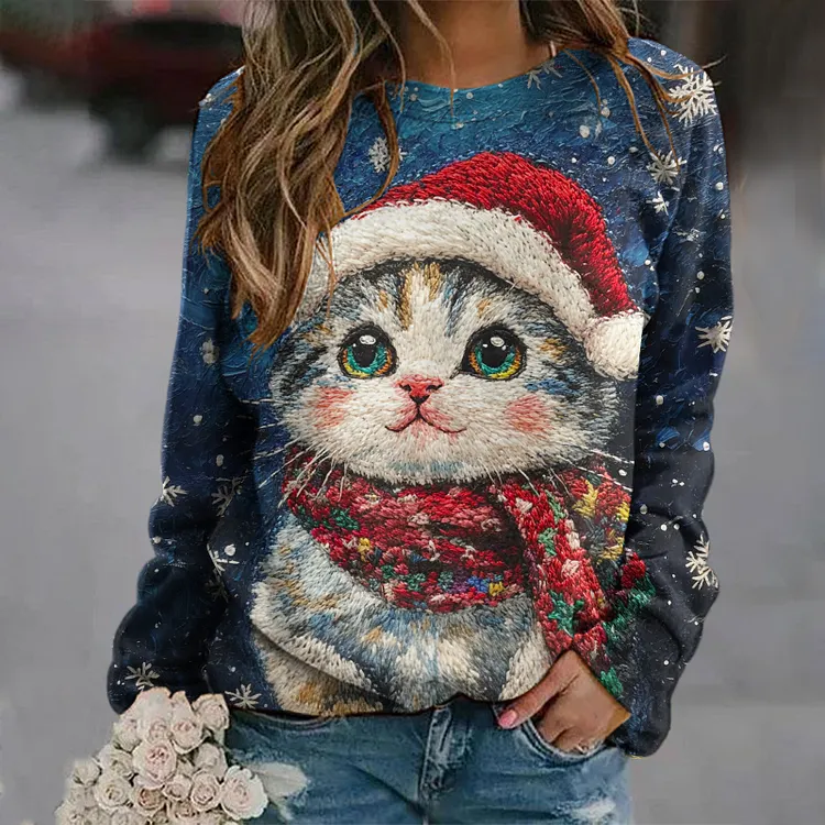 Christmas Cat Print Round Neck Long Sleeve Casual Sweatshirt