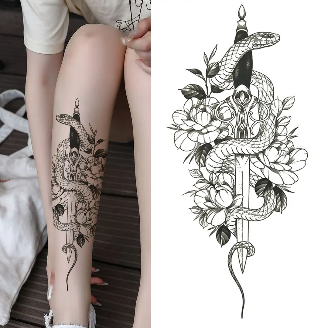 3D Snake Rose Temporary Tattoos For Women Girls Fake Flower Tattoo Sticker Black Death Eaters Dark Mark Mamba Snake Peony Tatoos 515-1