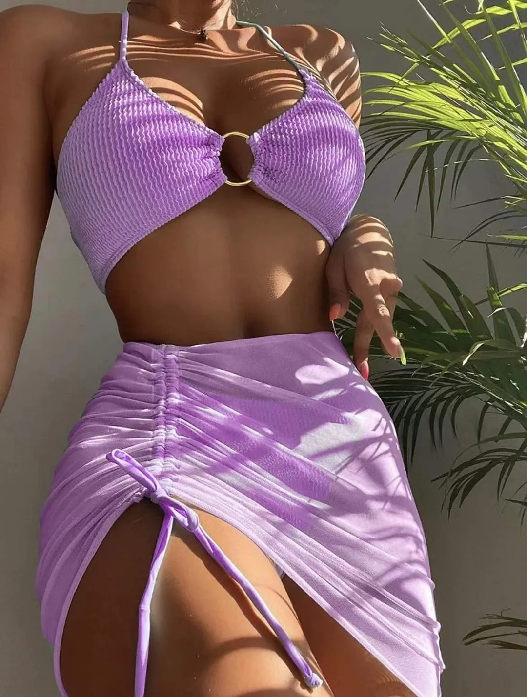 Brownm Bikini Split Swimsuit Women Solid Color Sexy Swimsuit Three-Piece Hanging Neck Three-Point Bikini